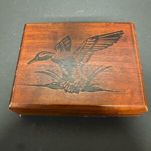Antique Vintage Mahogany Timber Jewelry Box Trinket Box . With Marquetry’s Duck